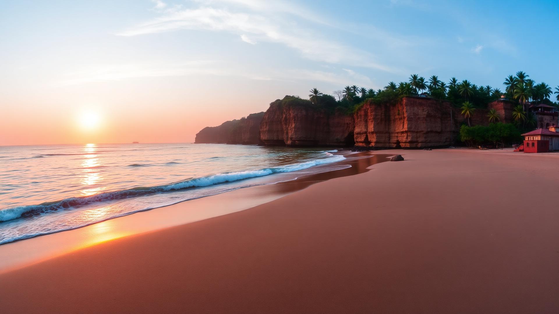 Kokan coastline with red laterite cliffs and turquoise sea at sunset