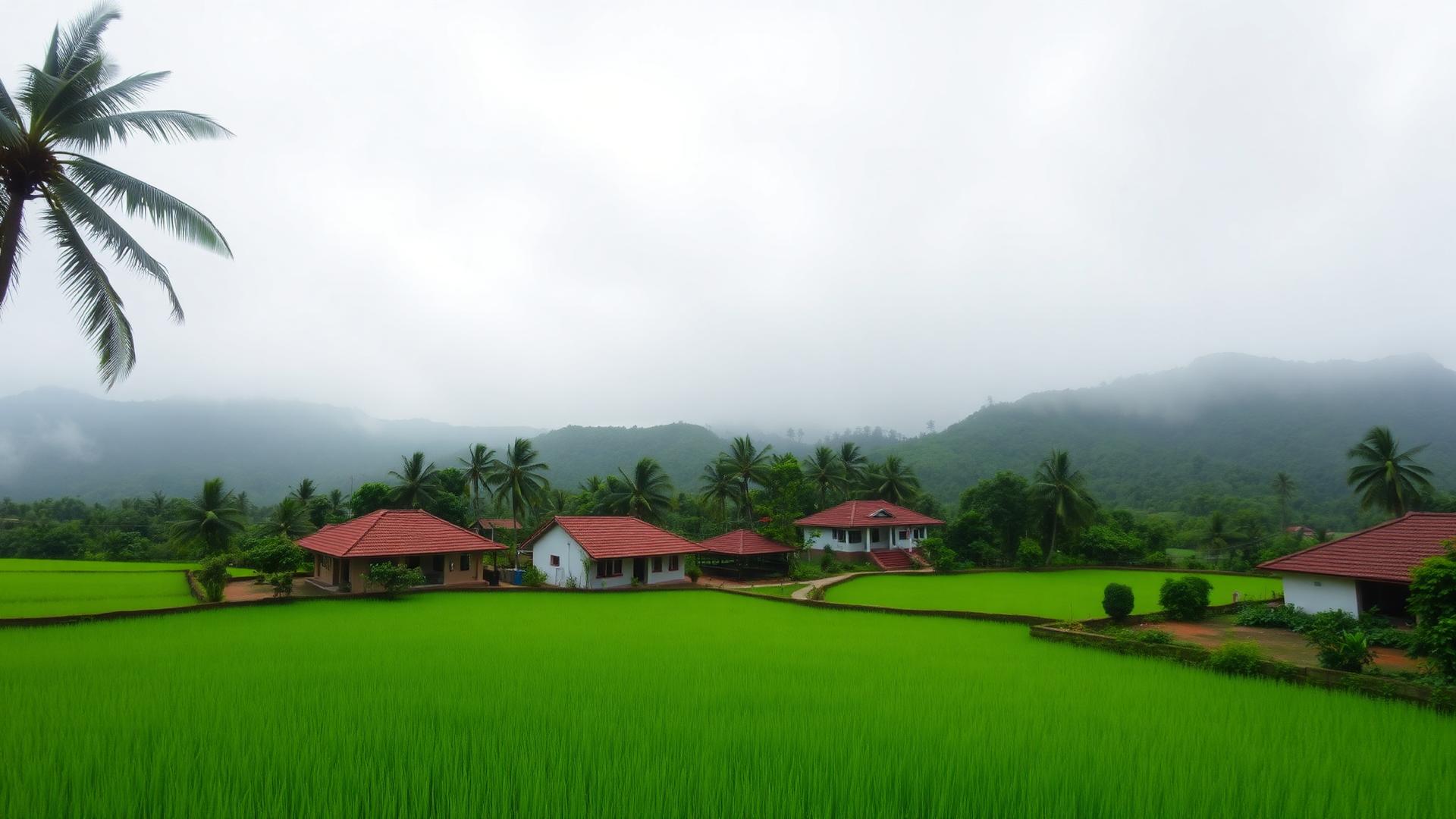 Green Kokan paddy fields and village houses in the monsoon