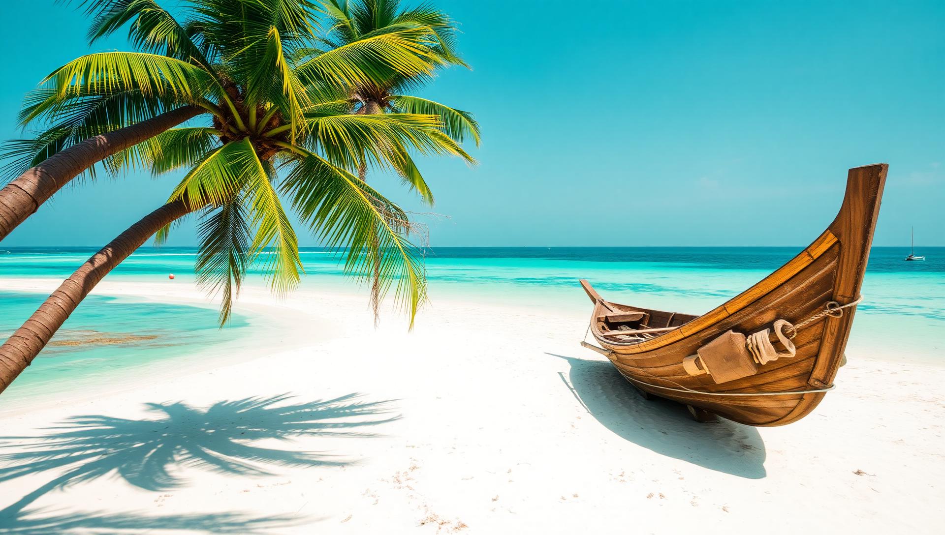 Pristine Kokan beach with coconut palms and a wooden fishing boat