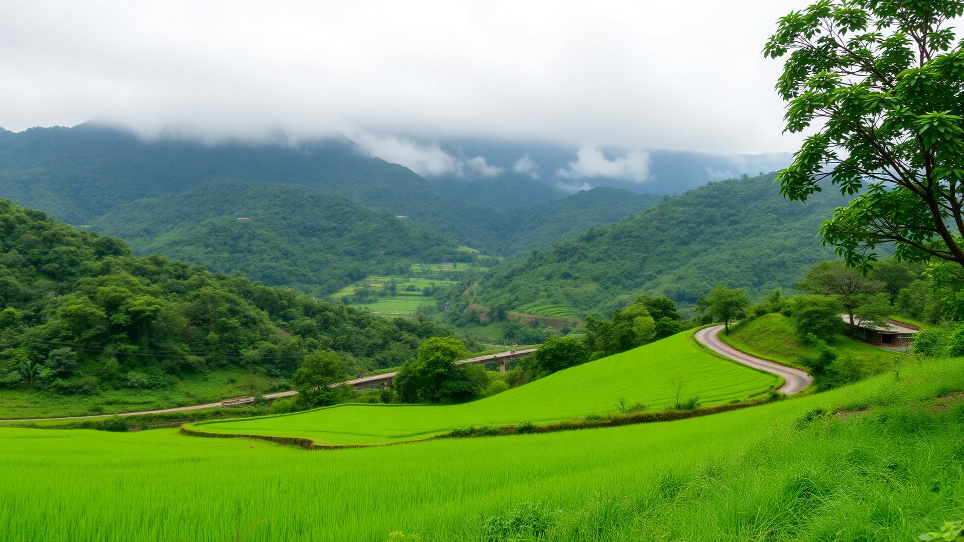 Green paddy fields and misty Sahyadri hills in the Kokan during the monsoon