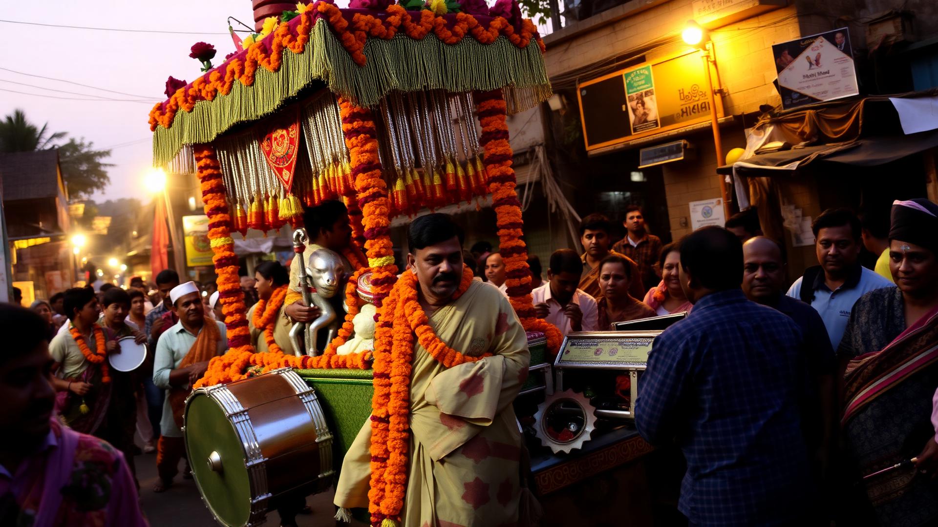 Village festival procession in coastal Maharashtra with drummers and marigold garlands
