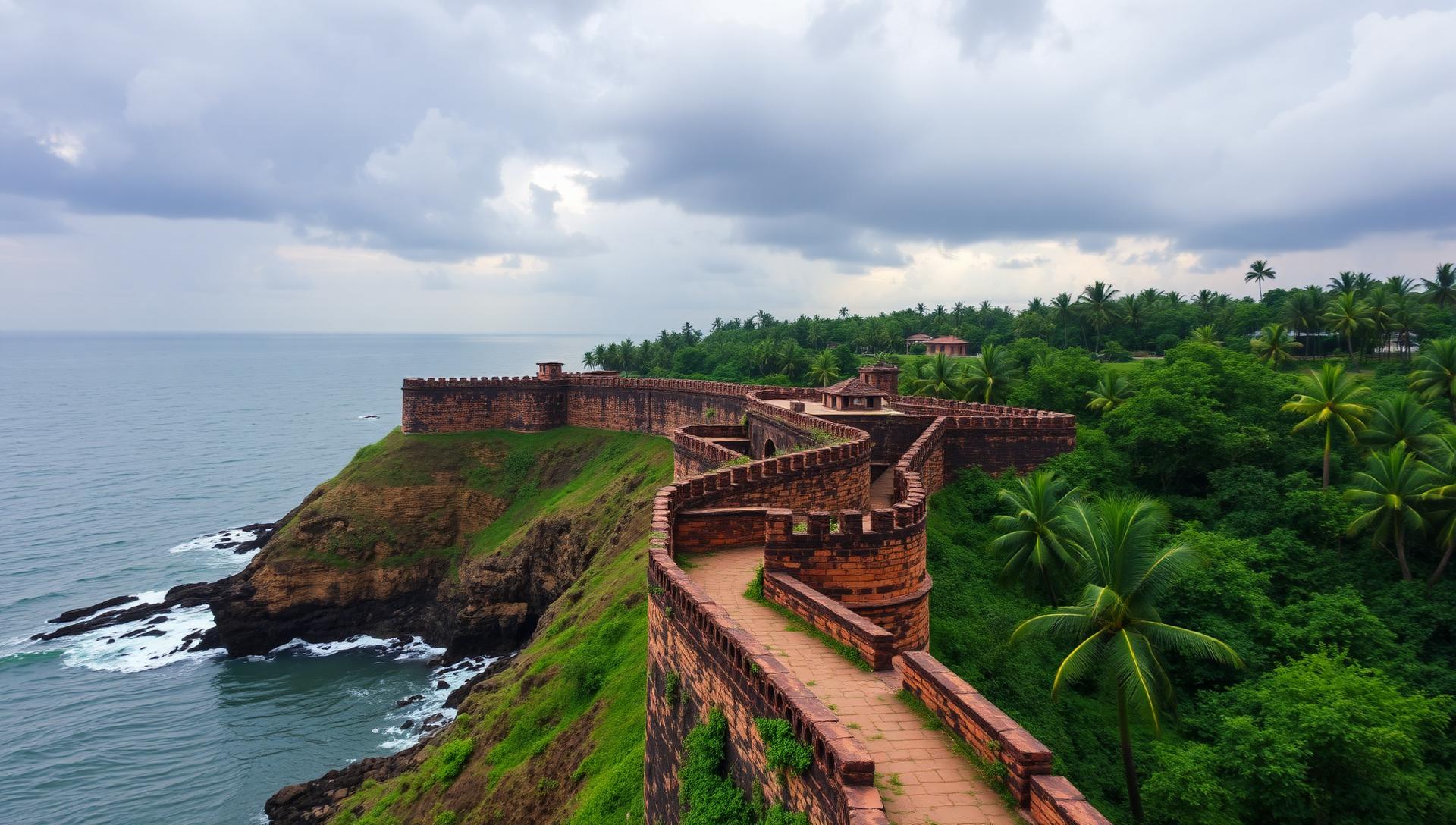 Coastal fort ramparts overlooking the Arabian Sea with green palm groves
