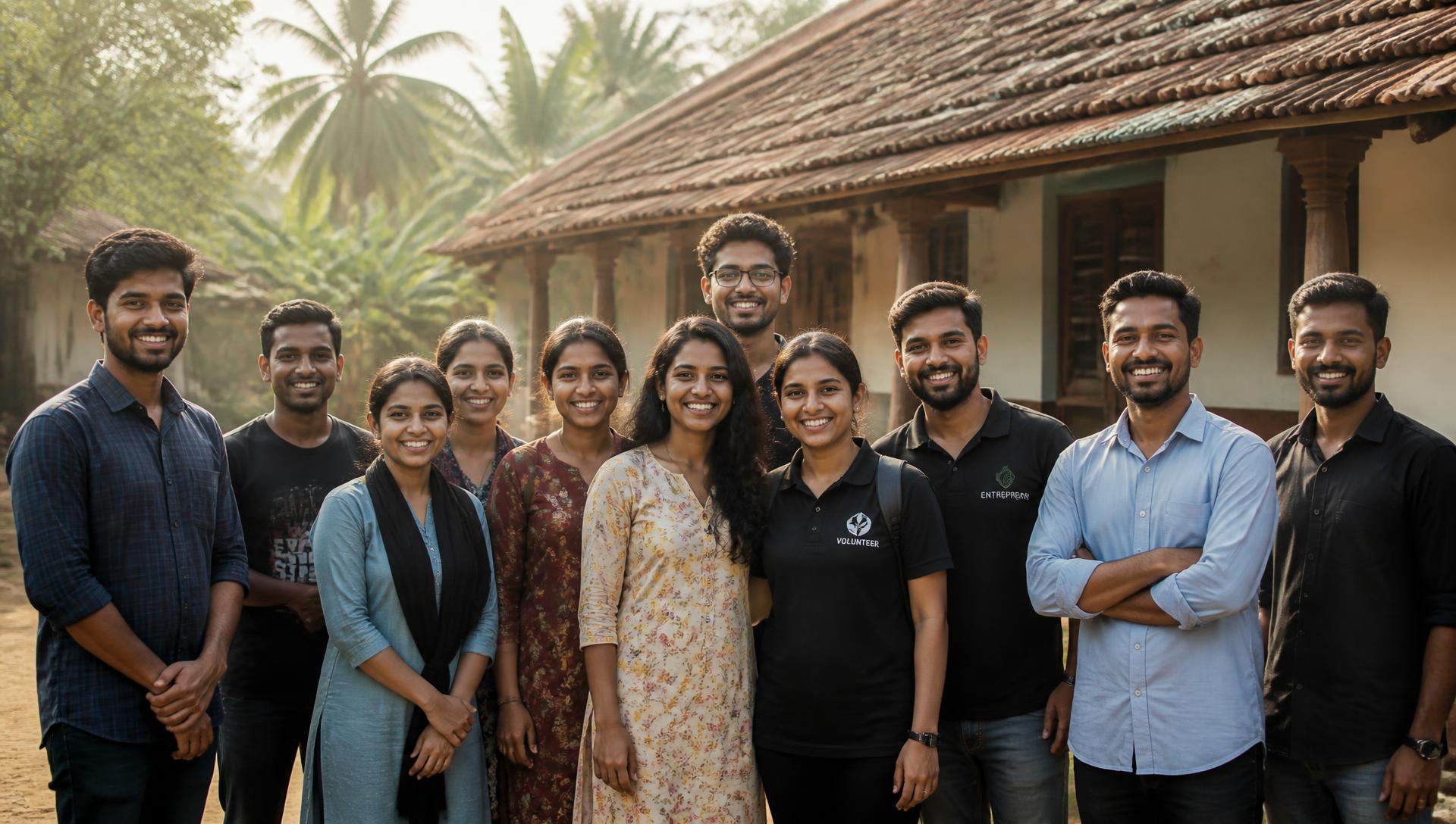 Smiling volunteers and young entrepreneurs together in a Kokan village courtyard
