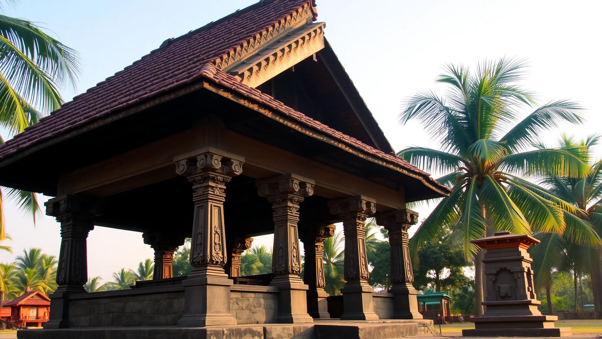 Traditional Kokan temple with tiled sloping roof and carved stone pillars among coconut palms